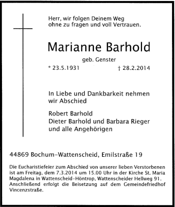 Traueranzeige von Marianne Barhold von Tageszeitung