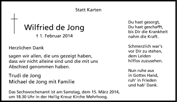 Traueranzeige von Wilfried de Jong von Tageszeitung