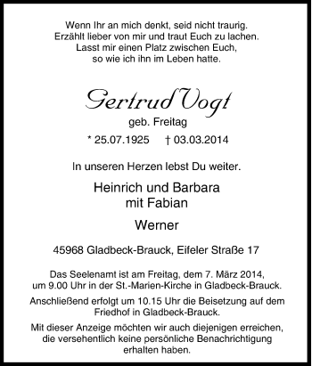 Traueranzeige von Gertrud Vogt von Tageszeitung