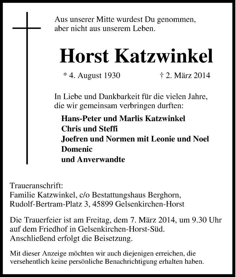  Traueranzeige für Horst Katzwinkel vom 05.03.2014 aus Tageszeitung