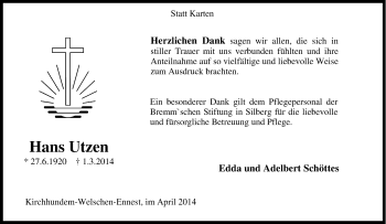 Traueranzeige von Hans Utzen von Tageszeitung