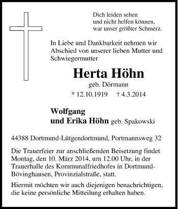 Traueranzeige von Herta Höhn von Tageszeitung