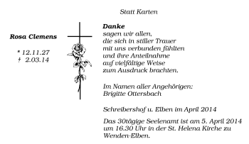 Traueranzeige von Rosa Clemens von Tageszeitung