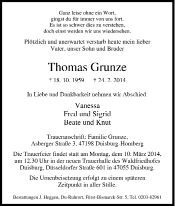 Traueranzeige von Thomas Grunze von Tageszeitung