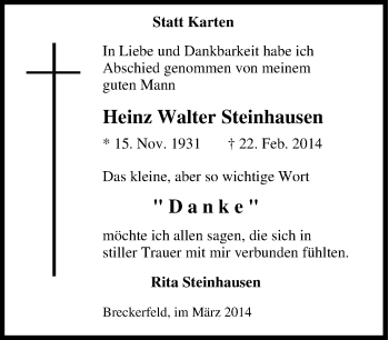 Traueranzeige von Heinz Walter Steinhausen von Tageszeitung