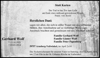 Traueranzeige von Gerhard Wolf von Tageszeitung