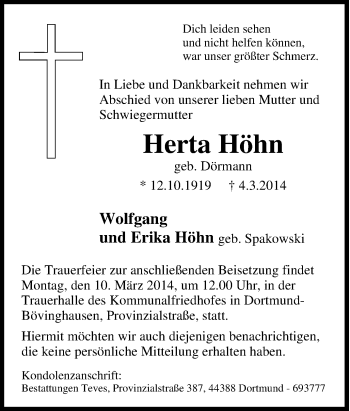 Traueranzeige von Herta Höhn von Tageszeitung