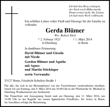Traueranzeige von Gerda Blümer von Tageszeitung