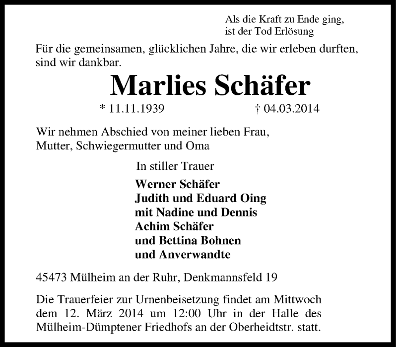  Traueranzeige für Marlies Schäfer vom 08.03.2014 aus Tageszeitung