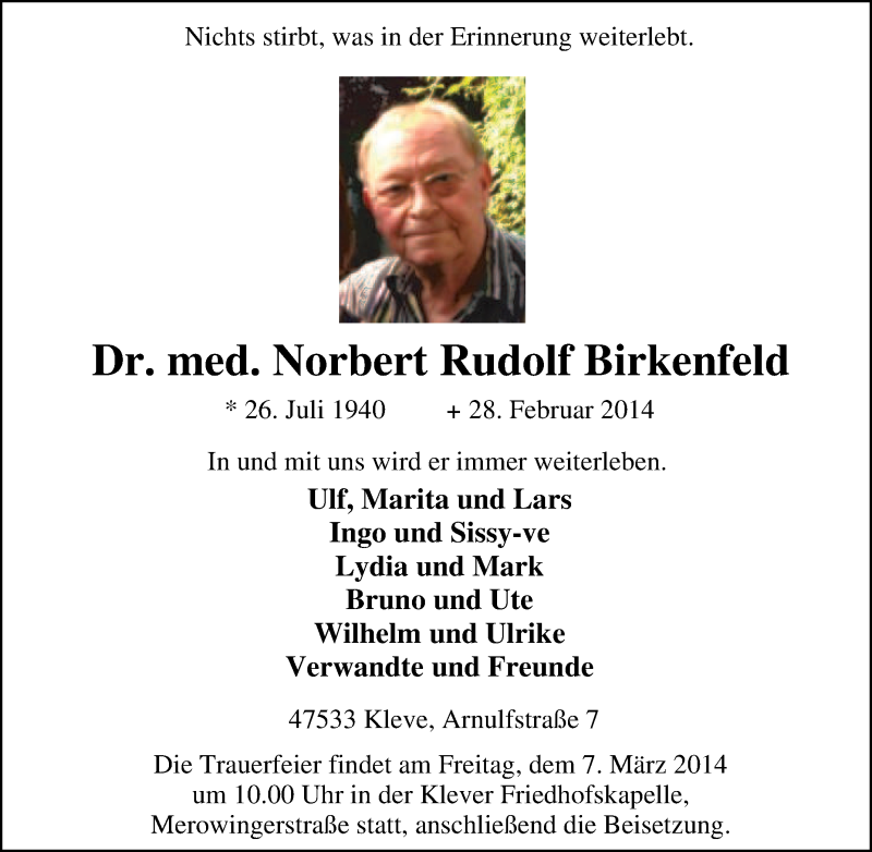  Traueranzeige für Norbert Rudolf Birkenfeld vom 06.03.2014 aus Tageszeitung