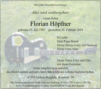 Traueranzeige von Florian Höpfner von Tageszeitung