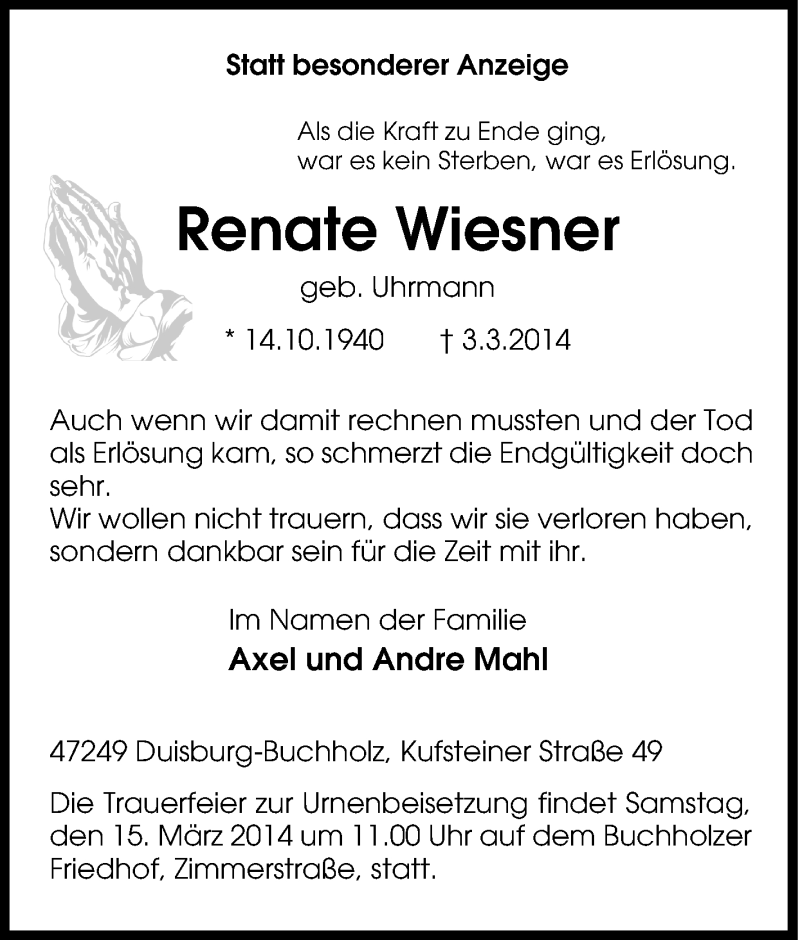  Traueranzeige für Renate Wiesner vom 08.03.2014 aus Tageszeitung