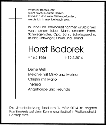 Traueranzeige von Horst Badorek von Tageszeitung