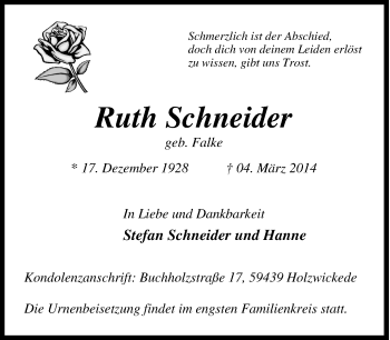 Traueranzeige von Ruth Schneider von Tageszeitung