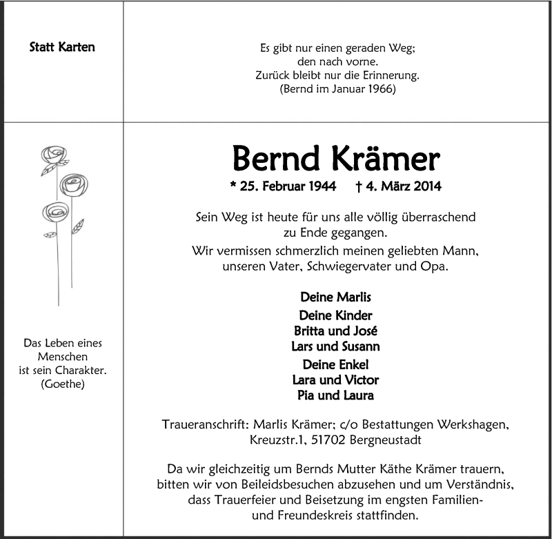  Traueranzeige für Bernd Krämer vom 08.03.2014 aus Tageszeitung