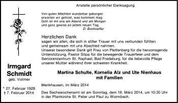 Traueranzeige von Irmgard Schmidt von Tageszeitung