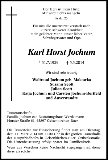 Traueranzeige von Karl Horst Jochum von Tageszeitung