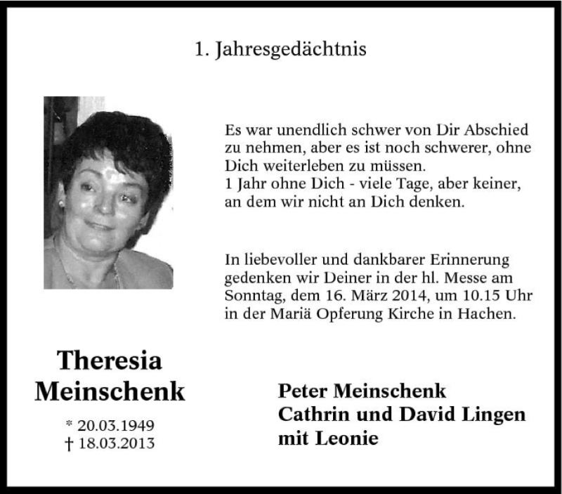  Traueranzeige für Theresia Meinschenk vom 13.03.2014 aus Tageszeitung