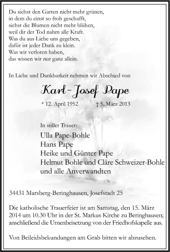 Traueranzeige von Karl-Josef Pape von Tageszeitung