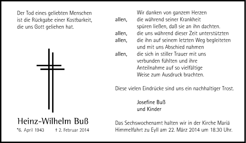  Traueranzeige für Heinz-Wilhelm Buß vom 15.03.2014 aus Tageszeitung