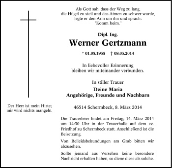 Traueranzeige von Werner Gertzmann von Tageszeitung