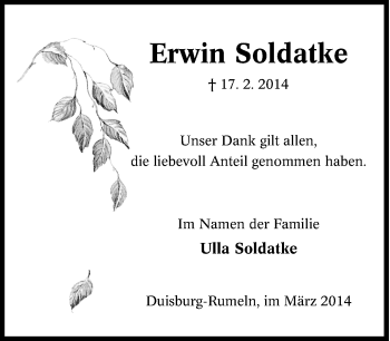 Traueranzeige von Erwin Soldatke von Tageszeitung