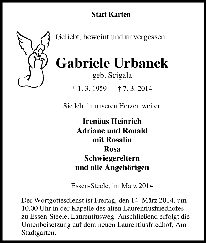  Traueranzeige für Gabriele Urbanek vom 11.03.2014 aus Tageszeitung