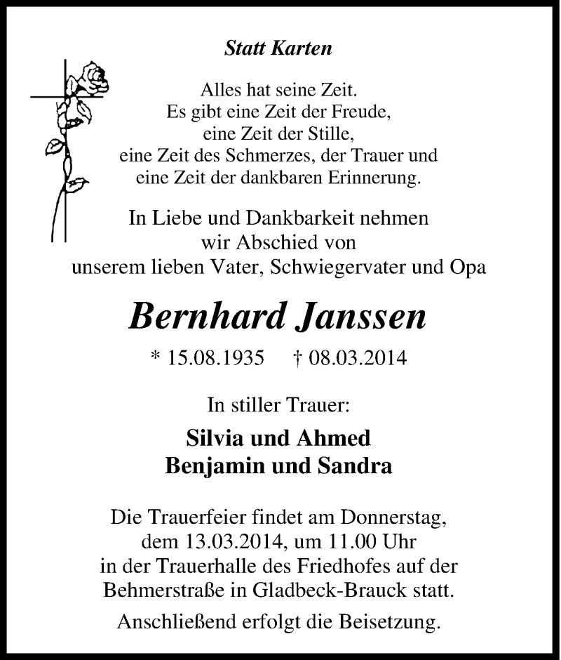  Traueranzeige für Bernhard Janssen vom 11.03.2014 aus Tageszeitung