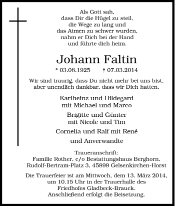 Traueranzeige von Johann Faltin von Tageszeitung