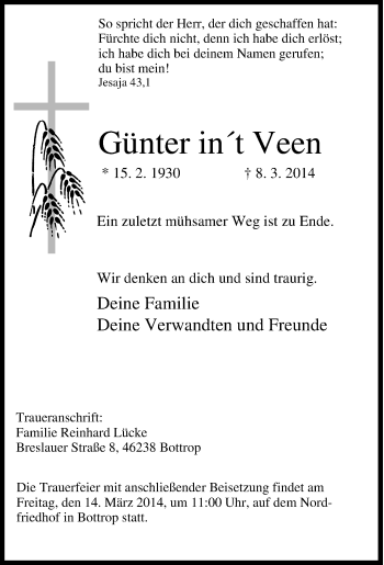 Traueranzeige von Günter  int Veen von Tageszeitung