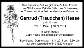 Traueranzeige von Gertrud Hesse von Tageszeitung
