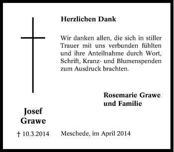 Traueranzeige von Josef Grawe von Tageszeitung