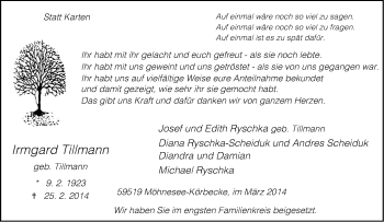 Traueranzeige von Irmgard Tillmann von Tageszeitung