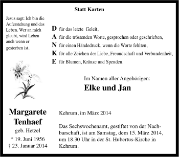 Traueranzeige von Margarete Tenhaef von Tageszeitung