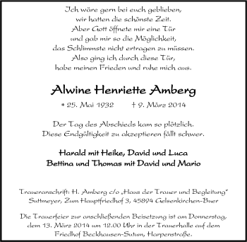 Traueranzeige von Alwine Henriette Amberg von Tageszeitung