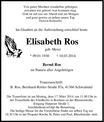 Traueranzeige von Elisabeth Ros von Tageszeitung