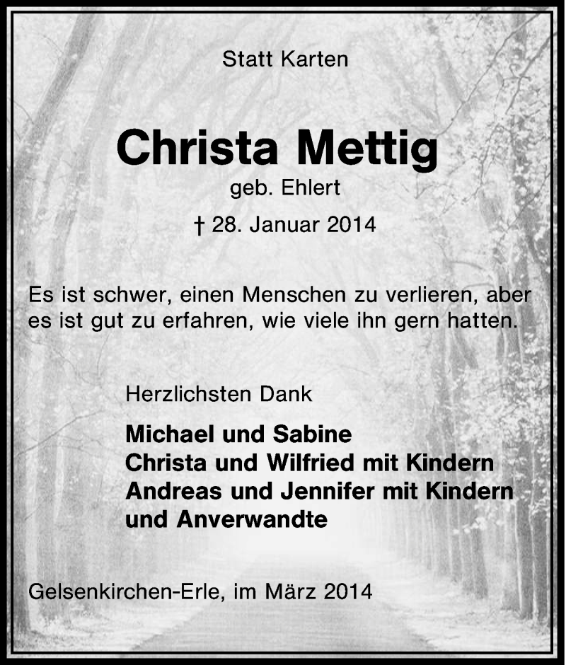  Traueranzeige für Christa Mettig vom 15.03.2014 aus Tageszeitung