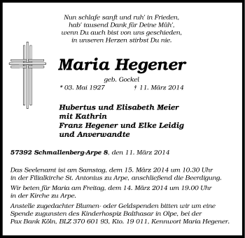 Traueranzeige von Maria Hegener von Tageszeitung