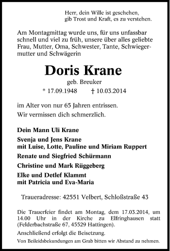 Traueranzeige von Doris Krane von Tageszeitung
