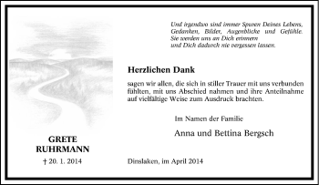Traueranzeige von Grete Ruhrmann von Tageszeitung