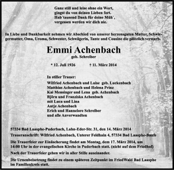 Traueranzeige von Emmi Achenbach von Tageszeitung