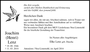 Traueranzeige von Joachim Lenz von Tageszeitung