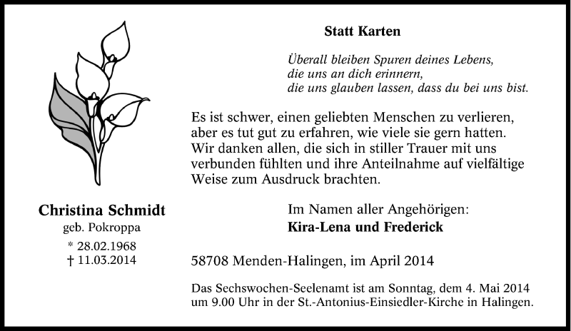 Traueranzeige für Christina Schmidt vom 15.03.2014 aus Tageszeitung