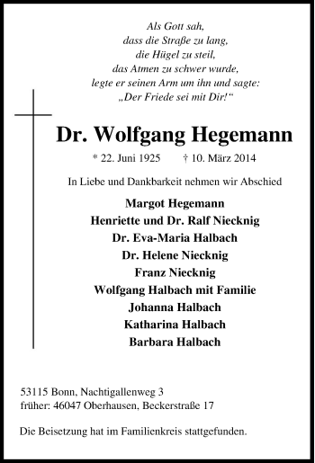 Traueranzeige von Wolfgang Hegemann von Tageszeitung