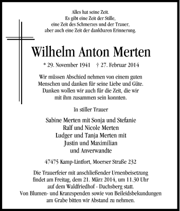 Traueranzeige von Wilhelm Anton Merten von Tageszeitung