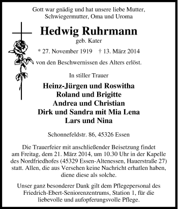 Traueranzeige von Hedwig Ruhrmann von Tageszeitung