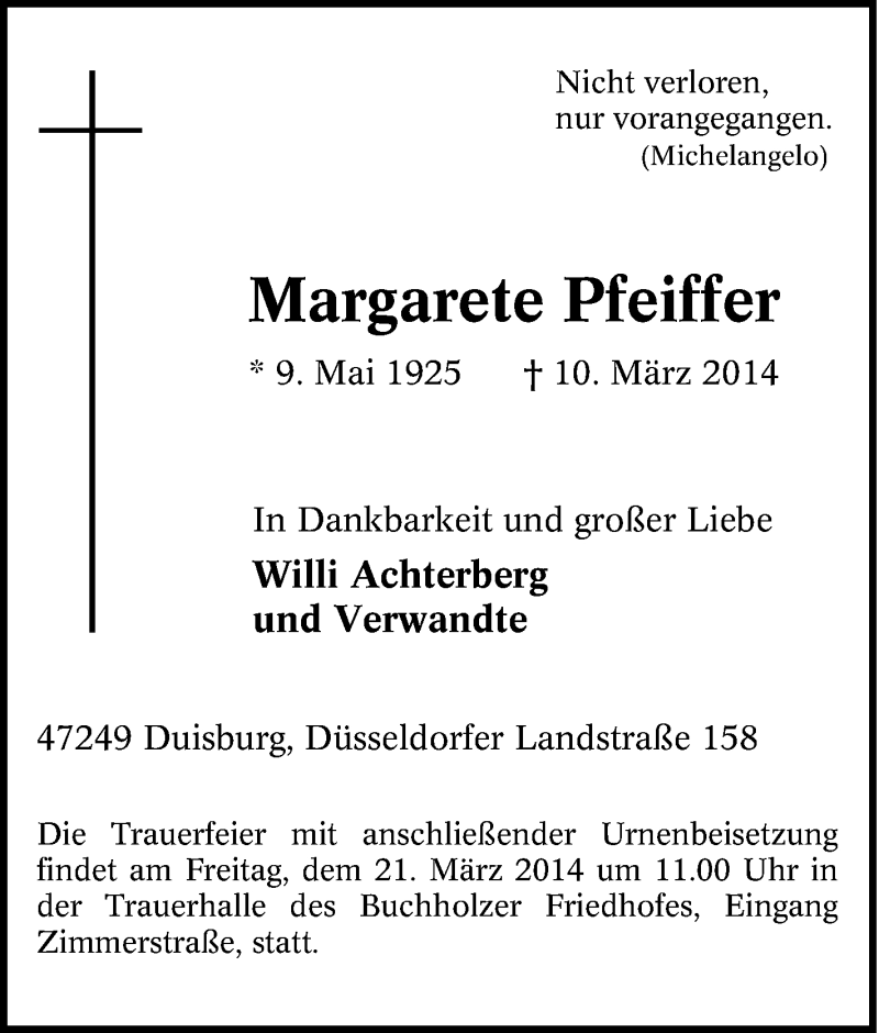  Traueranzeige für Margarete Pfeiffer vom 15.03.2014 aus Tageszeitung