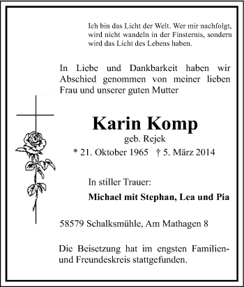Traueranzeige von Karin Komp von Tageszeitung
