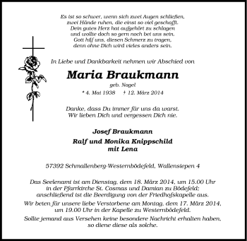 Traueranzeige von Maria Braukmann von Tageszeitung