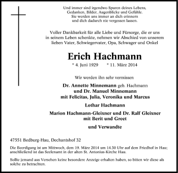 Traueranzeige von Erich Hachmann von Tageszeitung